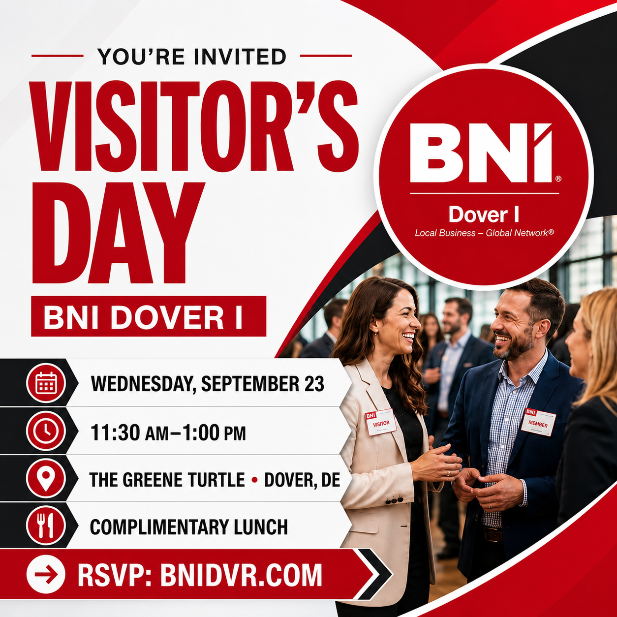 BNI Dover I Visitor's Day invitation: Wednesday, September 23, 11:30 AM to 1:00 PM at The Greene Turtle in Dover, with complimentary lunch.